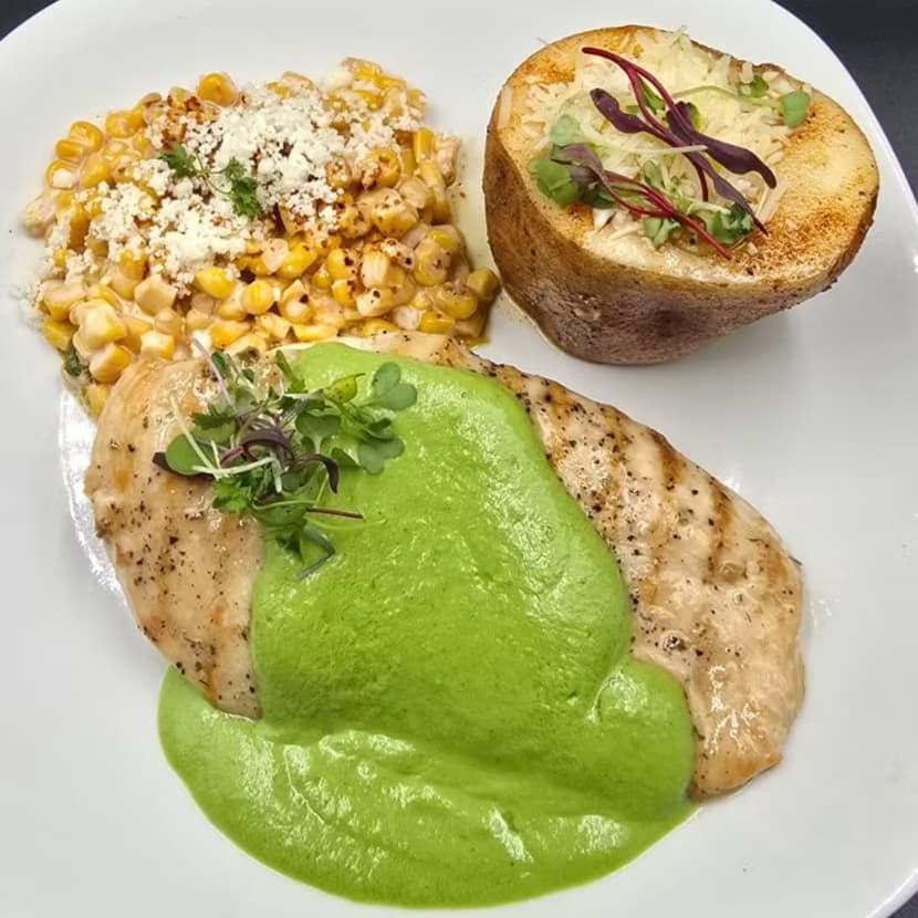 Chef-prepared chicken entrée with poblano sauce