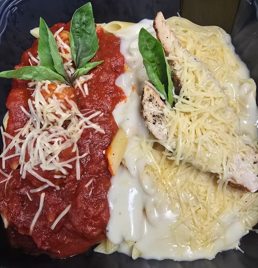 Italian-inspired pasta dinner prepared for catering