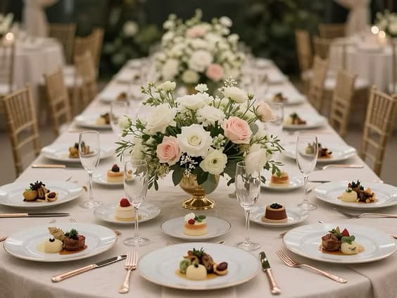 Catered celebration table prepared for guests