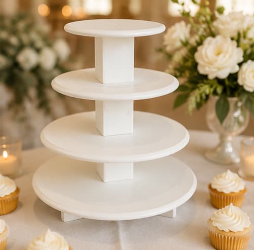 White tiered cake stand rental styled at a wedding reception