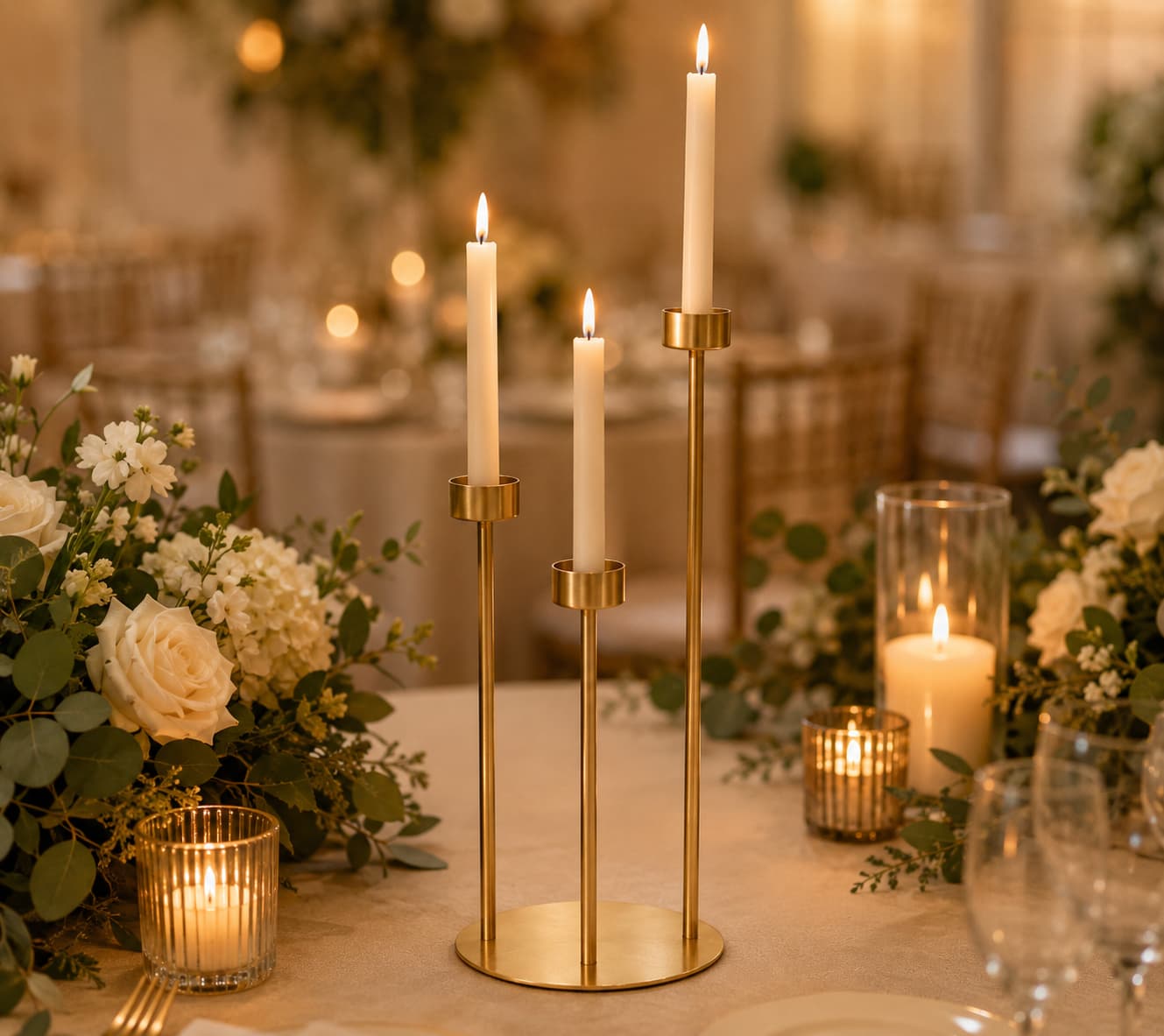 Gold candle holder rental styled at a wedding reception