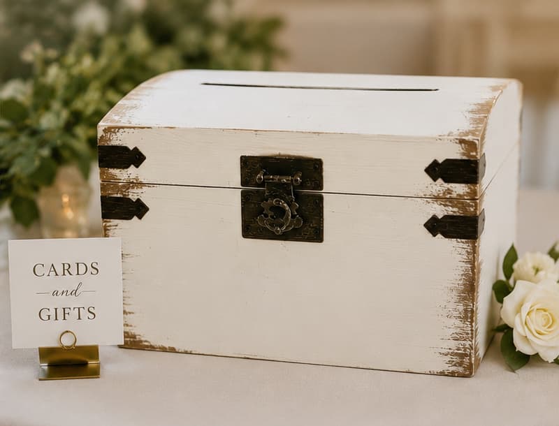 White vintage card box rental styled for a wedding reception