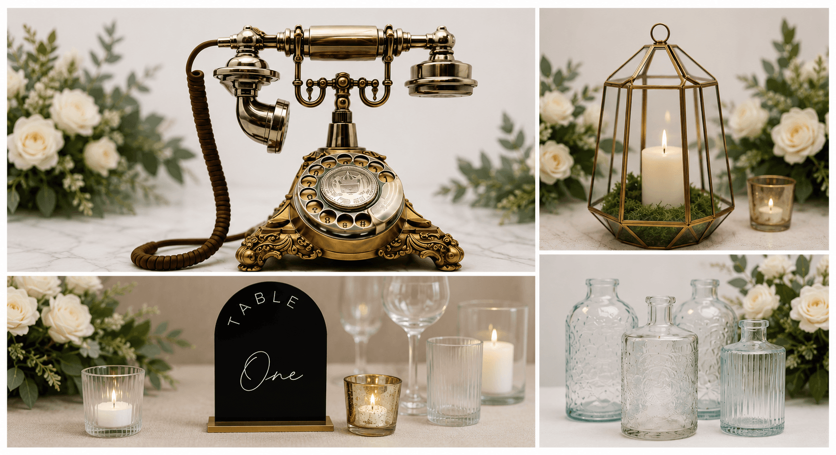 Occasions & Co. event rental collection featuring a vintage telephone, gold terrarium, table number, and glass bud vases