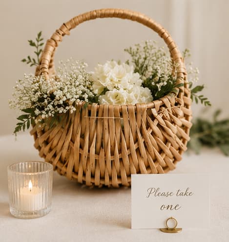 Wicker flower basket rental styled with white flowers
